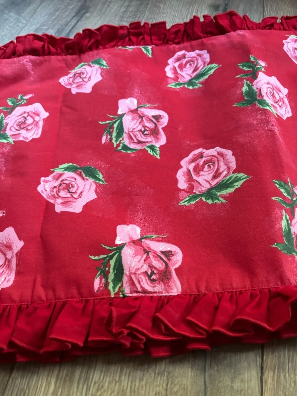 Red Floral Ruffled Rose Table Runner 74x17 Rectangle Reversible Stripe